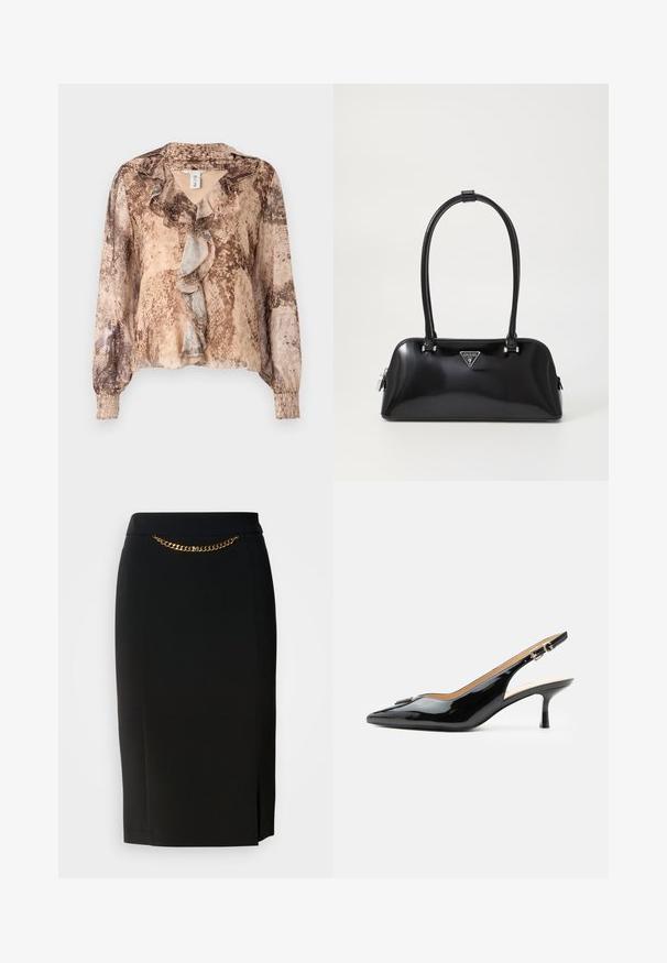 Langærmet bluse med slangehudsmønster i nuancer af beige og brun, med en flæset front og sammensnørede ærmer. Blødt, letvægts stof.; Sort blyantskirt med et lille slids, der har en guld kædedetalje ved livet. Lavet af et glat, strækbart stof for komfort.; Sort patentlæder slingback hæl med spids tå, lille kitten hæl og sølvspænde på en ensartet hvid baggrund.; Sort glanshandtaske med en buet silhuet, to håndtag og en frontlogo-plakette. Lynlås lukning og skinnende hardware-detaljer.