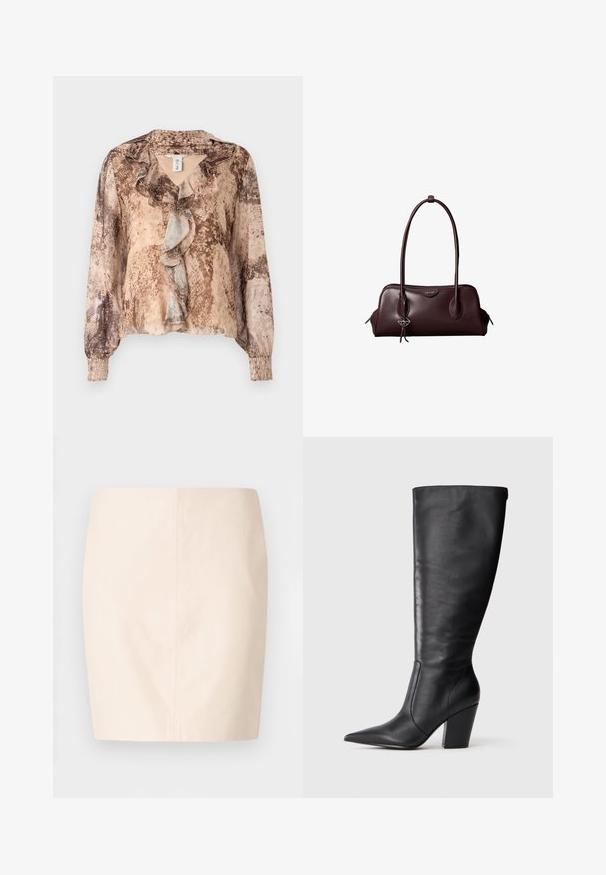 Langærmet bluse med slangehudsmønster i nuancer af beige og brun, med en flæset front og sammensnørede ærmer. Blødt, letvægts stof.; Beige tætsiddende nederdel med en glat tekstur og rene linjer. Har en mellemhøj talje og en lige silhuet. Ingen synlige lukninger eller pynt.; Sort læderknehøj støvle med spids tå og kraftig høj hæl, vist i venstre sideprofil på hvid baggrund.; Mørkebrun lædertaske fra Calvin Klein med lange dobbelte håndtag og en lille logohængende ved det ene håndtag.