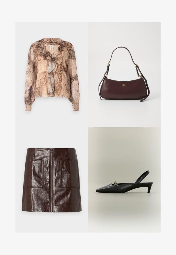 Langærmet bluse med slangehudsmønster i nuancer af beige og brun, med en flæset front og sammensnørede ærmer. Blødt, letvægts stof.; Brun faux læder mini-skjørt med en frontlynlås, to store forlommer og en glat, blank overflade.; Sort læder slingback med kitten heel, spids tå og lille guldfarvet spænde på en ensfarvet baggrund.; Bordeaux læder taske med en buet silhuet, prydet med et guldlogo og en enkelt justerbar rem. Glat tekstur, minimal syning.