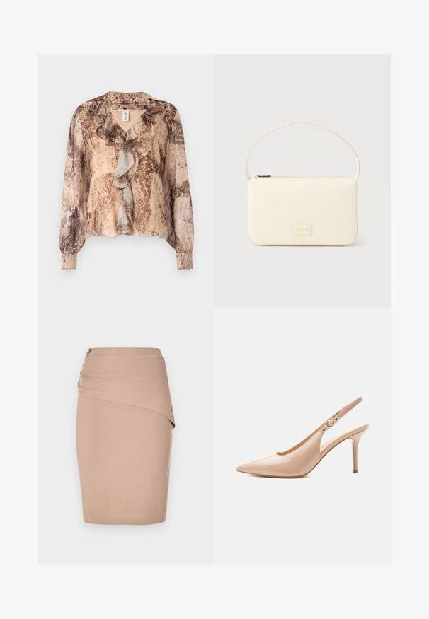 Blusa de manga larga con estampado de piel de serpiente en tonos beige y marrón, que presenta un frente con volantes y mangas fruncidas. Tela suave y ligera.; Falda lápiz beige de longitud a la rodilla, hecha de tela acanalada, con un diseño delantero drapeado y un detalle de cremallera lateral plateada. Textura suave.; Zapato slingback de tacón alto de piel patentada beige con punta puntiaguda y pequeño detalle de hebilla dorada en la correa.; Bolso rectangular color crema con una sola correa y cremallera superior, con una pequeña placa de logotipo en relieve en el frente.