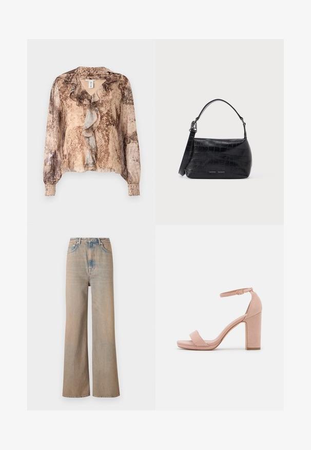 Langærmet bluse med slangehudsmønster i nuancer af beige og brun, med en flæset front og sammensnørede ærmer. Blødt, letvægts stof.; Lyse vaskede, vide ben jeans med høj talje, lavet af denim. Har diskret syninger og fem lommer, med en let falmet tekstur.; Rosa ruskinds højhælede sandal med blokhæl, åbent tåparti og ankelrem med en detalje af guldspænde. Flad frontrem.; Sort skuldertaske i krokodillepræget læder med øverste håndtag og logo trykt på forsiden.