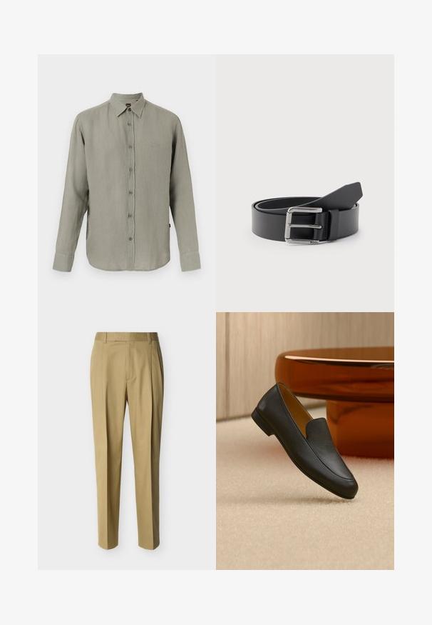 Chemise pour homme à manches longues avec boutons, de couleur vert olive clair, dotée d'un col classique et d'un discret logo "BOSS" sur le côté gauche de la poitrine.; Pantalon beige ajusté avec passants de ceinture et pli frontal, présenté sur un fond clair uni.; Mocassin en cuir noir reposant sur un tapis beige avec une table circulaire marron brillante en arrière-plan.; Ceinture en cuir noir enroulée avec une boucle métallique rectangulaire argentée gravée "BOSS" sur un fond gris clair.