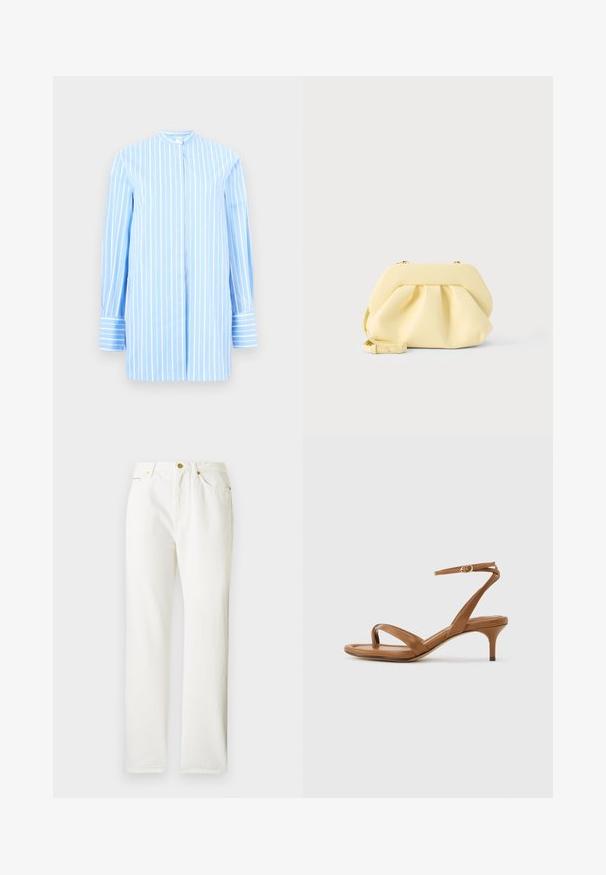 Chemise bleu clair à manches longues avec des rayures blanches verticales, un col mao, des boutons dissimulés à l'avant et des poignets larges à rayures horizontales.; Pantalons en denim blanc avec une coupe droite, dotés d'une fermeture à bouton sur le devant et d'une texture subtile. Comprend des poches latérales et un matériel minimal.; Sandale en cuir marron avec lanières, talon bas en forme de petit escarpin et bride à la cheville avec une petite boucle, vue de côté sur un fond uni.; Pochette en cuir jaune doux avec un design froncé et une bandoulière amovible, posée sur un fond clair uni.
