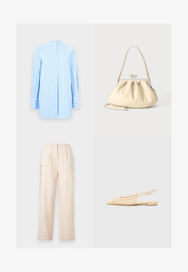 Chemise bleu clair à manches longues avec des rayures blanches verticales, un col mao, des boutons dissimulés à l'avant et des poignets larges à rayures horizontales.; Pantalon large couleur crème avec un tissu texturé et des bords festonnés le long des coutures extérieures.; Chaussure plate slingback en beige clair avec une tige en maille, un bout pointu et un petit talon. Dotée d'une sangle ajustable pour un bon maintien.; Sac à main en cuir souple couleur crème avec un design froncé, fermoir cadre argenté, poignée courte et bandoulière chaîne amovible.