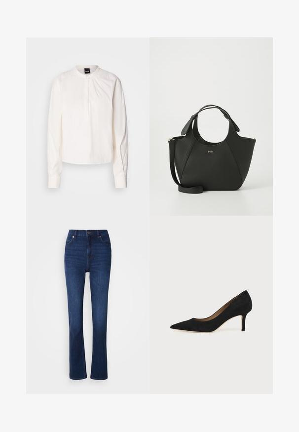 Blouse blanche à manches longues avec un col rond et une patte de boutonnage, présentant des rayures verticales subtiles, affichée sur un fond uni.; Jean en denim bleu foncé avec une taille haute. Présente un style classique à cinq poches et une légère évasement en bas.; Escarpin en daim noir à bout pointu avec un talon stiletto fin de hauteur moyenne et un design à coupe basse sur un fond uni.; Sac à main en cuir noir avec une surface texturée, un design courbé, des poignées doubles et une bandoulière amovible. Présente un logo de marque à l'avant.