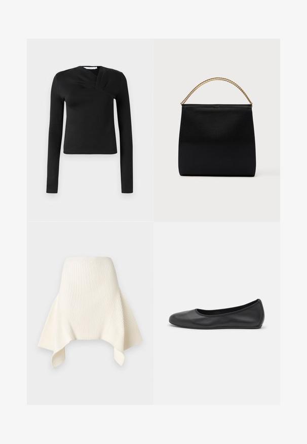 Sort langærmet top med en omslagsdesign, lavet af glat stof. Har en cropped længde og en V-formet udskæring. Ingen mønstre eller accenter.; Elfenbensfarvet ribstrikket nederdel med asymmetrisk lommetørklæde-hem og en tætsiddende taljebånd.; Sort læderballetsko med rund tå, glat tekstur, minimal syning og et fleksibelt såldesign.; Sort taske lavet af glat stof, med en struktureret form, et håndtag med guld kæde og et minimalistisk geometrisk design.