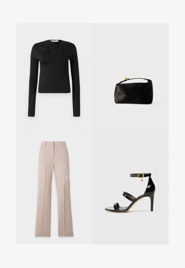 Zwarte lange mouwen top met een wikkeldesign, gemaakt van een gladde stof. Heeft een cropped lengte en een V-vormige halslijn. Geen patronen of accenten.; Beige, recht gesneden broek met riemlussen en een voorvouw, plat gelegd op een witte achtergrond.; Zwarte gepatineerde leren sandaal met drie banden, enkelgesp en 10 cm hoge stiletto hak. Bevat gouden hardwaredetails en een logo charm.; Zwarte satijnen pouch tas met een ronde vorm, een handvat bovenop en een gouden sluiting. Soepele textuur met een minimalistisch ontwerp.