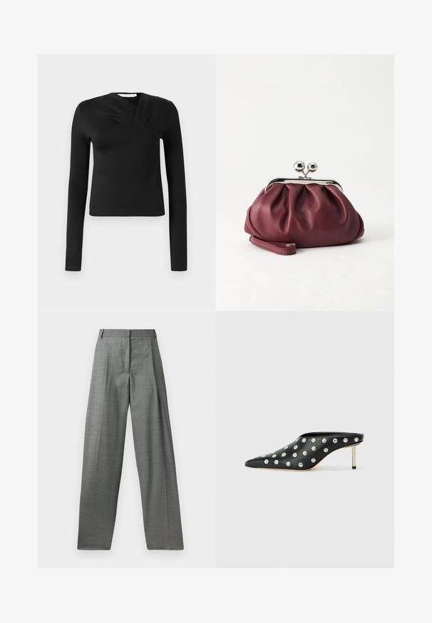 Zwarte lange mouwen top met een wikkeldesign, gemaakt van een gladde stof. Heeft een cropped lengte en een V-vormige halslijn. Geen patronen of accenten.; Grijze op maat gemaakte broek met hoge taille, geplooide voorkant en wijde pijpen. Gemaakt van een geweven stof, met riemlussen en gladde naden.; STAND STUDIO KELSEY - Muiltjes met hak - black; Kleine bordeauxrode leren clutch-portemonnee met zilverkleurige metalen sluiting en polsbandje op een witte achtergrond.