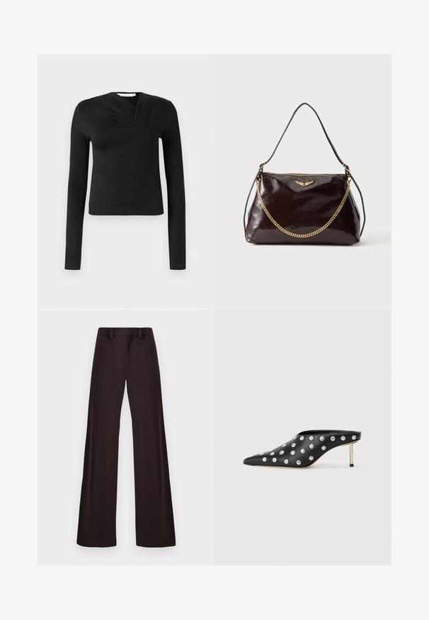 Zwarte lange mouwen top met een wikkeldesign, gemaakt van een gladde stof. Heeft een cropped lengte en een V-vormige halslijn. Geen patronen of accenten.; Wijde broek gemaakt van een donkere stof, met een gladde textuur, ceintuurlussen en een voorkreuk, met een strakke, ongecensureerde uitstraling.; STAND STUDIO KELSEY - Muiltjes met hak - black; Donkerbruine glanzende leren handtas met een gouden vleugelembleem, gouden kettinkdetail en een dunne leren schouderriem op een effen achtergrond.
