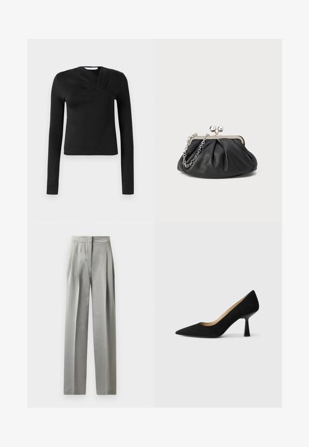 Zwarte lange mouwen top met een wikkeldesign, gemaakt van een gladde stof. Heeft een cropped lengte en een V-vormige halslijn. Geen patronen of accenten.; Lichtgrijze op maat gemaakte broek met een gladde textuur, voorzien van plooien aan de voorkant, een wijd pijpenontwerp en een getailleerde tailleband.; Zwarte suède high-heeled pump met een spitse neus, voorzien van een glanzende zwarte blokhak en een gladde binnenvoering.; Zwarte leren clutch met geplooide textuur, zilverkleurig metalen frame, drukknopsluiting en kettingriem. Glad, zacht oppervlak.