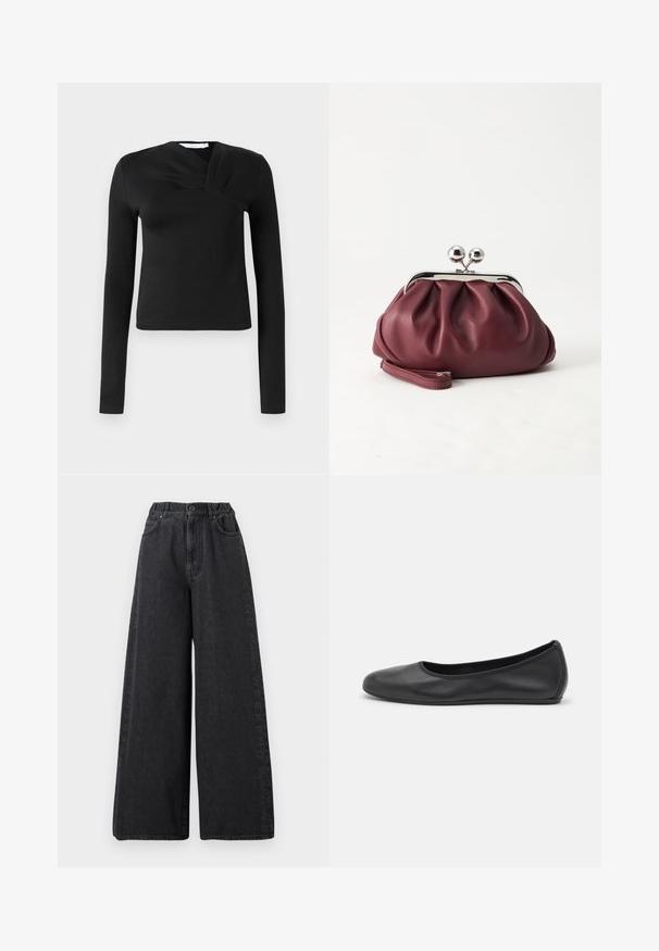 Sort langærmet top med en omslagsdesign, lavet af glat stof. Har en cropped længde og en V-formet udskæring. Ingen mønstre eller accenter.; Sorte jeans med vide ben og høj talje, lukkes med knapper, forlommer og diskret vertikal "Weekend MaxMara" tekst langs sidesømmene.; Sort læderballetsko med rund tå, glat tekstur, minimal syning og et fleksibelt såldesign.; Lille bordeauxlæder clutch-pung med sølv metal lukning og håndledsrem på hvid baggrund.