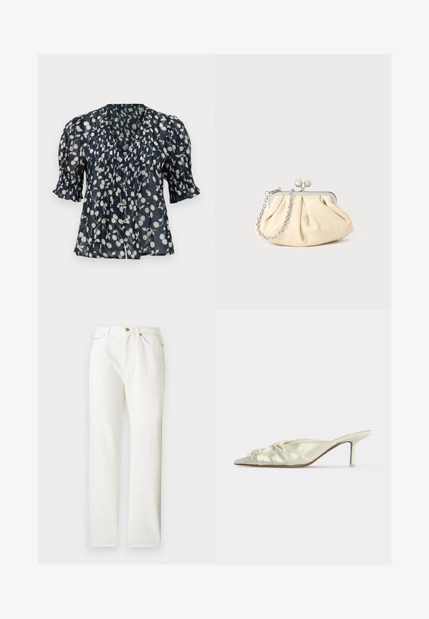 Blouse bleu marine avec imprimé floral blanc, fermeture à boutons sur le devant, manches courtes bouffantes et détails plissés le long du buste. Tissu léger.; Pantalons en denim blanc avec une coupe droite, dotés d'une fermeture à bouton sur le devant et d'une texture subtile. Comprend des poches latérales et un matériel minimal.; Mule blanche en satin à bout pointu avec des détails froncés et un talon fin de hauteur moyenne sur fond uni.; Pochette en cuir beige plissé avec un cadre en métal argenté, dotée de deux fermoirs ronds décoratifs et d'une chaîne en argent.
