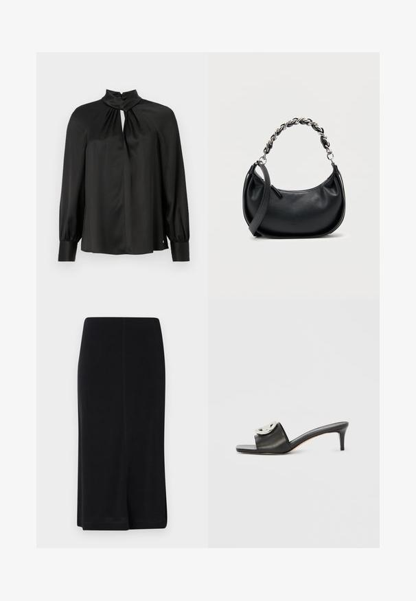 Blouse noire en tissu lisse et léger avec un col haut, un décolleté en trou de serrure à l'avant et de longues manches bouffantes avec des poignets ajustés.; Jupe noire longueur genou en tissu lisse, dotée d'une silhouette droite, d'un design simple et de fentes latérales pour faciliter les mouvements.; Sandale en cuir noir avec un bout carré et un talon de hauteur moyenne. Présente un accent métallique décoratif sur la bride. Texture lisse.; Sac à main en cuir noir de forme arrondie, avec une double bandoulière comprenant une grosse chaîne en argent, et une fermeture supérieure zippée. Texture lisse.