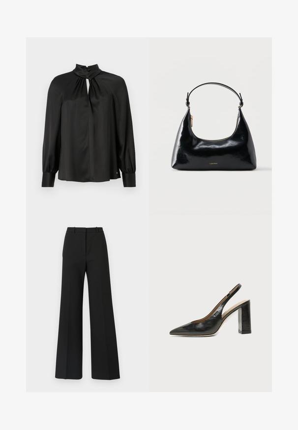 Blouse noire en tissu lisse et léger avec un col haut, un décolleté en trou de serrure à l'avant et de longues manches bouffantes avec des poignets ajustés.; Pantalons black à jambes larges avec un design sur mesure, présentant une texture lisse et de subtils plis à l'avant. Pas de garnitures ou de motifs visibles.; Chaussure slingback en cuir noir à bout pointu avec un talon bloc haut et une doublure intérieure beige sur un fond clair uni.; Sac à main Calvin Klein noir brillant avec fermeture éclair dorée et anse courte sur fond blanc uni.