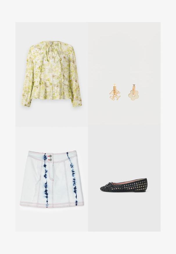 Bloemige blouse in lichtgroen en crème, met ruches, lange mouwen, een striksluiting en een gelaagde zoom met een doorschijnende textuur.; Denim mini-rok in lichtblauw met tie-dye patronen in donkerblauw. Bevat rode steken en twee voorknopjes. Korte lengte met een slim fit.; Zwart geweven platte schoen met afgeronde neus, kleine strik aan de voorkant en beige binnenzool, zijaanzicht op witte achtergrond weergegeven.; Gouden oorringen met crèmekleurige hangers in bloem- en klaverbladvorm tegen een witte achtergrond.