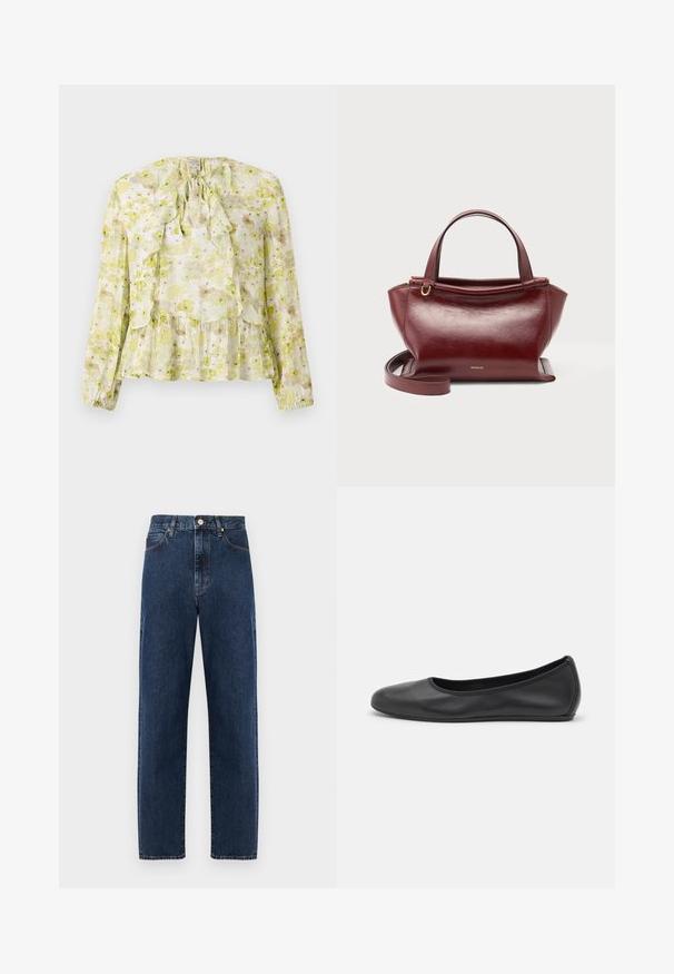 Bloemige blouse in lichtgroen en crème, met ruches, lange mouwen, een striksluiting en een gelaagde zoom met een doorschijnende textuur.; Donkere blauwe denim jeans met een rechte pijp, hoge taille en een drukknoopsluiting aan de voorkant. Voorzien van subtiele contrasterende stiknaden en de klassieke vijfzakkenstijl.; Zwarte leren ballerina met een ronde neus, gladde textuur, minimale stikdetails en een flexibele zoolontwerp.; Donkerrode leren handtas met dubbele bovenhandvatten, afneembare schouderriem, goudkleurige hardware en merknaam Wandler vooraan in het midden.