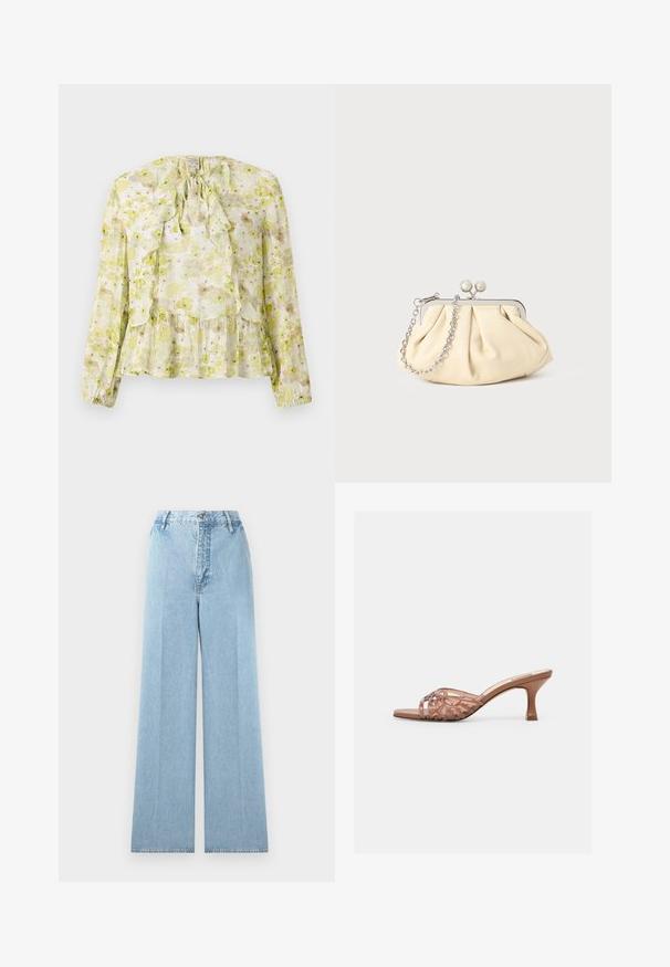 Bloemige blouse in lichtgroen en crème, met ruches, lange mouwen, een striksluiting en een gelaagde zoom met een doorschijnende textuur.; Lichtblauwe wijde jeans gemaakt van denim met een hoge taille, voorzien van vijf riemlussen, een voorknopsluiting en gestikte naden.; Bruine open teen muilsandaal met geweven bovenbanden en een halmhoge gebogen hak, op een effen witte achtergrond.; Geplooide beige leren clutch met een zilveren metalen frame, voorzien van twee ronde decoratieve sluitingen en een zilveren kettingriem.