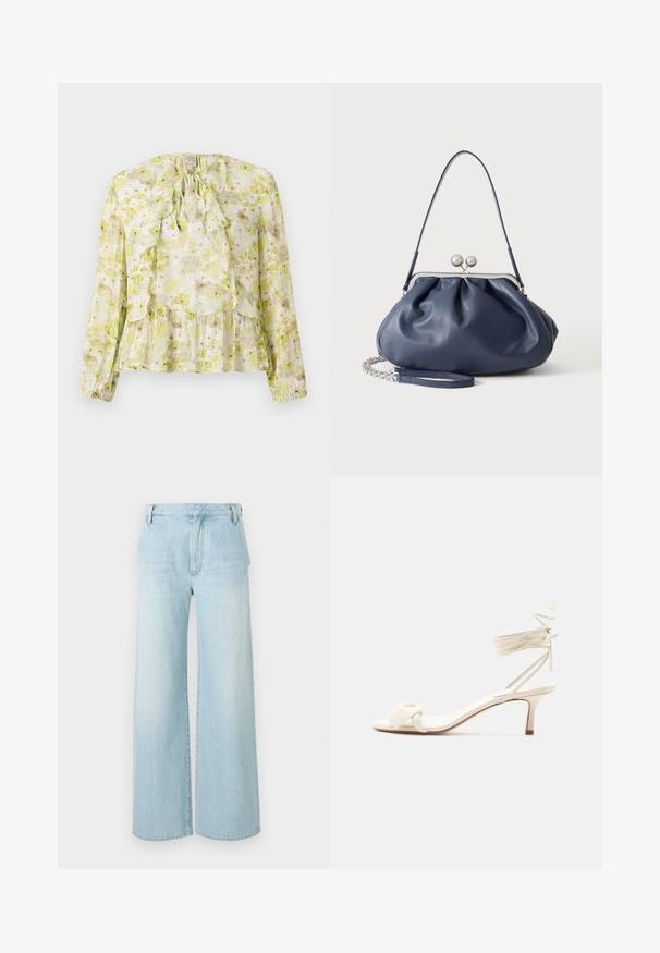 Blomstret bluse i lys grøn og creme, med flæsepaneler, lange ærmer, bindebånd ved halsen og en lagdelt kant med en gennemsigtig tekstur.; Lyseblå vide jeans i denim. Har høj talje, fem-lommers design og subtil fading med en ren kant.; Kremfarvet sandal med lave hæle, bindebånd om anklen og en bred snoet rem over tæerne på en ensartet hvid baggrund.; Blød navyblå læderhåndtaske med sølv lukning, enkelt skulderrem og aftagelig kæde til håndleddet på hvid baggrund.