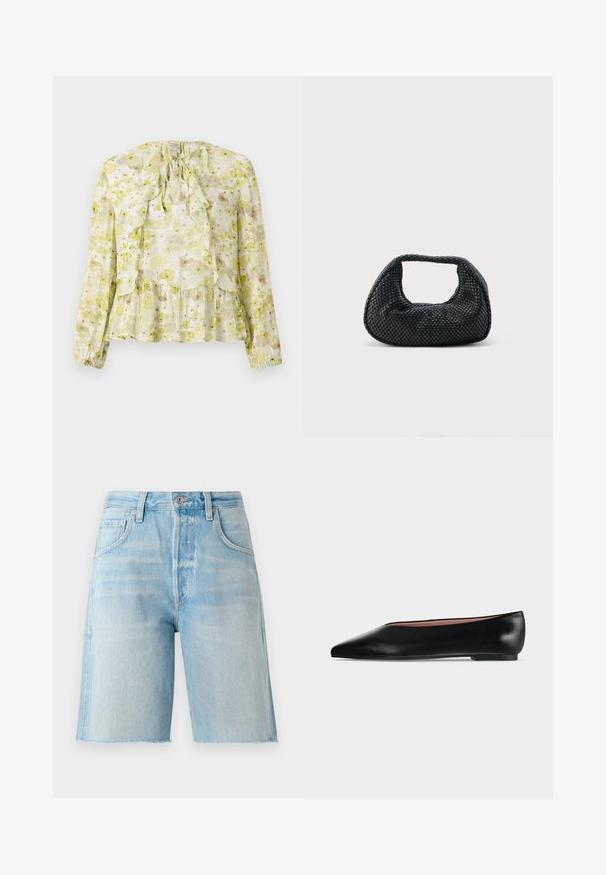 Blomstret bluse i lys grøn og creme, med flæsepaneler, lange ærmer, bindebånd ved halsen og en lagdelt kant med en gennemsigtig tekstur.; Lyseblå denimshorts med høj talje, fem lommer og rå kant. Blødt materiale og klassisk snit, velegnet til afslappet brug.; Sort damesko i læder med flad hæl og spids tå, vist fra siden på en ensfarvet lys grå baggrund.; Sort flettet hobo-taske med blød struktur og integreret håndtag, vist på en ensfarvet lys baggrund.
