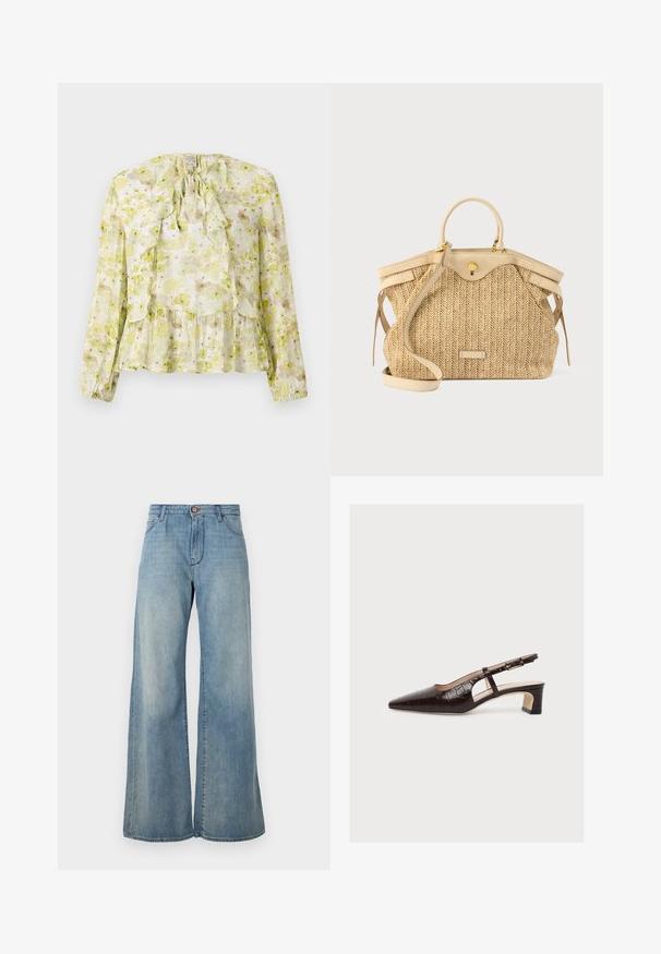 Blomstret bluse i lys grøn og creme, med flæsepaneler, lange ærmer, bindebånd ved halsen og en lagdelt kant med en gennemsigtig tekstur.; Lys blå vide jeans lavet af denim. Har en frontknaplukning, bæltestropper og to sidelommer. Ren, minimalistisk design.; Brun slingback-sko med spids tå, lav blokhæl, krokodillemønster, sideudskæring og justerbar spænderem, vist på hvid baggrund.; Vævet stråhåndtaske i beige med et tekstureret chevronmønster, der har en top-hank, aftagelig skulderrem og guldfarvet hardware.