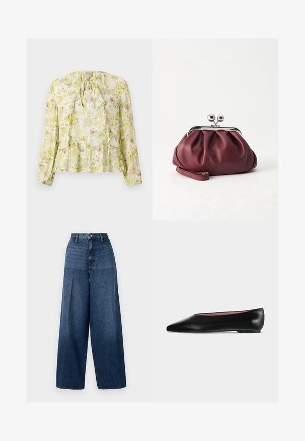 Blomstret bluse i lys grøn og creme, med flæsepaneler, lange ærmer, bindebånd ved halsen og en lagdelt kant med en gennemsigtig tekstur.; Bredde denim jeans i mørkeblå. Har en høj talje, lynlås og subtil fading. Fremstillet af tekstureret bomuldsstof.; Sort damesko i læder med flad hæl og spids tå, vist fra siden på en ensfarvet lys grå baggrund.; Lille bordeauxlæder clutch-pung med sølv metal lukning og håndledsrem på hvid baggrund.