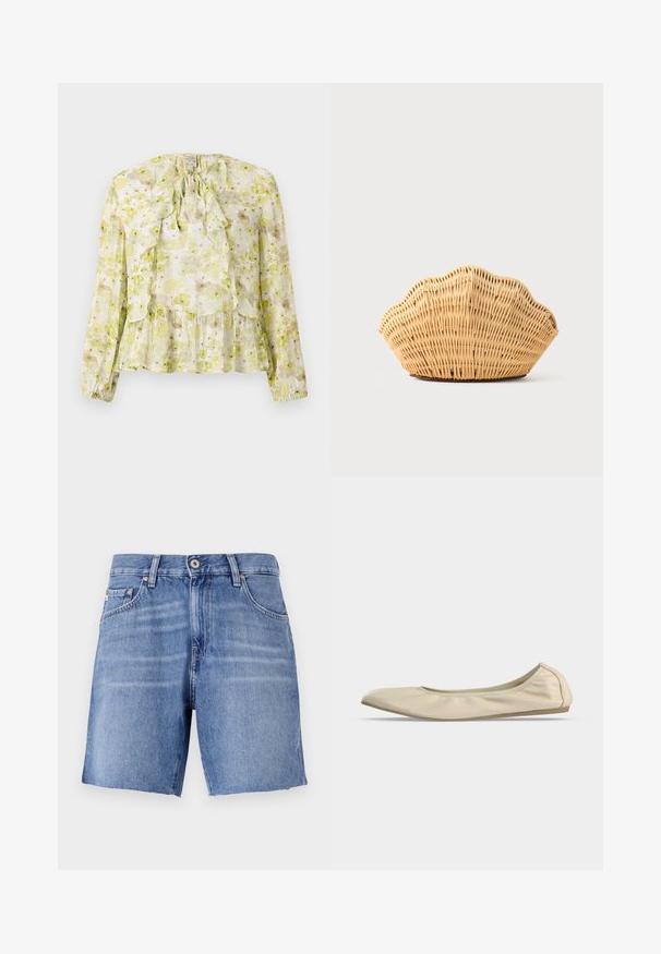 Bloemige blouse in lichtgroen en crème, met ruches, lange mouwen, een striksluiting en een gelaagde zoom met een doorschijnende textuur.; Lichtblauwe denimshorts met een recht model, verbrokkelde zoom, vijf zakken en sluiting met een metalen knoop. De stof heeft een gladde textuur met een lichte vervaging.; Beige zachte leren ballerina met afgeronde neus, laag uitgesneden zijprofiel en slanke rubberen zool op een effen witte achtergrond.; Geweven rotan handtas in de vorm van een sint-jakobsschelp met natuurlijke lichtbruine kleur en afgeronde, gestructureerde randen.