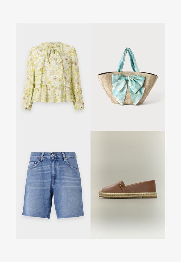 Bloemige blouse in lichtgroen en crème, met ruches, lange mouwen, een striksluiting en een gelaagde zoom met een doorschijnende textuur.; Lichtblauwe denimshorts met een recht model, verbrokkelde zoom, vijf zakken en sluiting met een metalen knoop. De stof heeft een gladde textuur met een lichte vervaging.; Bruine leren instap-espadrille met gevlochten jutezool en kleine gouden gesp op de bovenzijde, getoond op een neutrale achtergrond.; Geweven stro draagtasje met brede lichtblauwe en witte tie-dye stoffen handvatten en een grote bijpassende stoffen strik aan de voorkant.