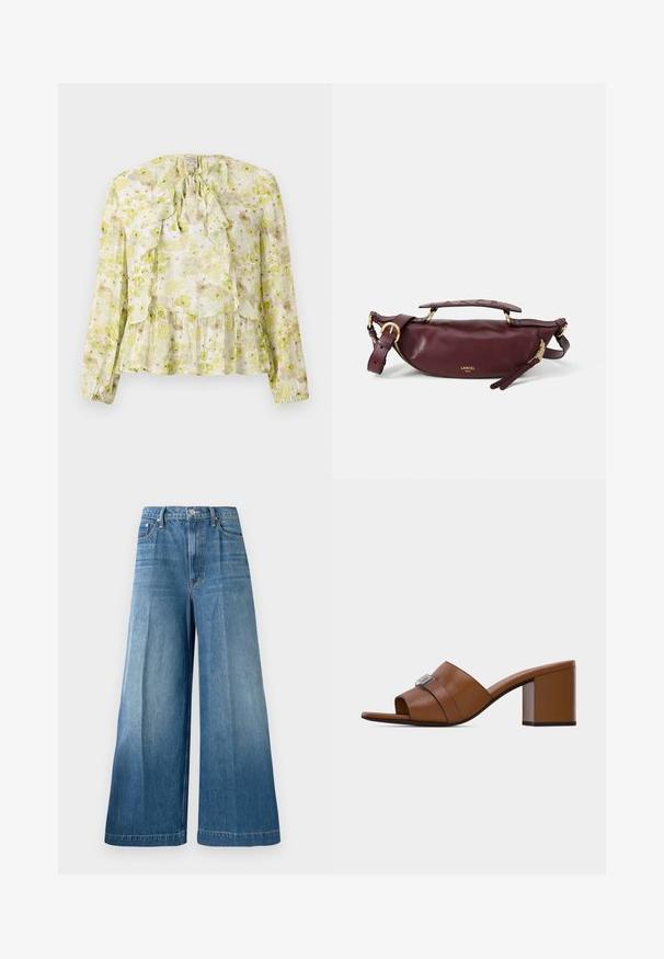 Blomstret bluse i lys grøn og creme, med flæsepaneler, lange ærmer, bindebånd ved halsen og en lagdelt kant med en gennemsigtig tekstur.; Højtaljede, vide blå denim jeans med frontknap, lynlås lukning og subtile falmede vaske detaljer på benene.; Brun læder mule med åbent tåparti, firkantet sølvspænde og chunky blokhæle i mellemstørrelse på en ensfarvet hvid baggrund.; Bordeaux læderhåndtaske med en afrundet silhuet, guld hardware, et top håndtag og en justerbar rem. Har prægede logo detaljer.