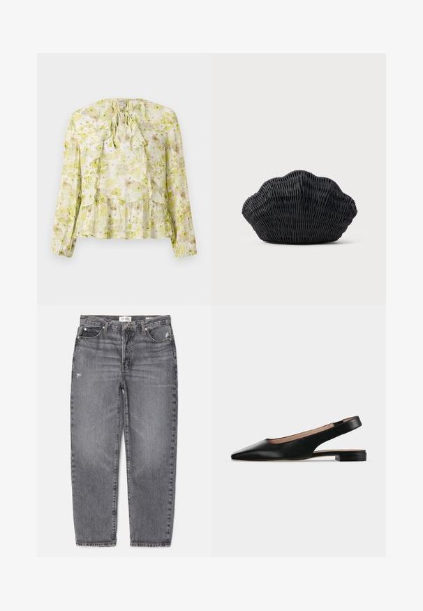 Blumenbluse in Hellgrün und Creme, mit Rüschenelementen, langen Ärmeln, einem Bindeband-Halsverschluss und einem gestuften Saum mit transparenter Struktur.; Graue Denim-Jeans mit geradem Schnitt, ausgewaschenem Material, leichten Abnutzungen an der Vorderseite und einem klassischen Fünf-Taschen-Design.; Schwarzer Lederslingback-Flachschuh mit spitzer Zehenpartie und niedrigem quadratischem Absatz auf weißem Hintergrund.; Schwarze Korbtasche in Muschelform mit gebogenem Oberteil und gewebter Textur auf einfarbigem Hintergrund.