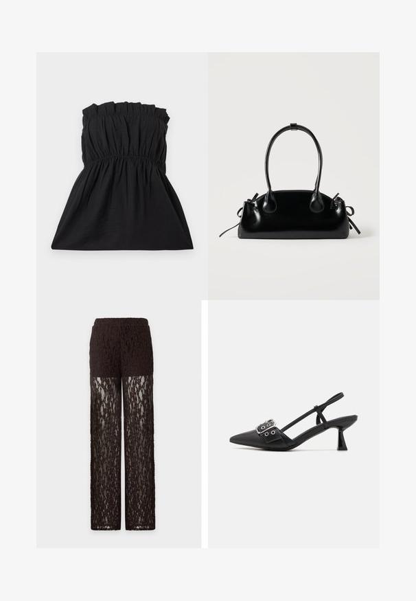 Robe noire sans bretelles avec un corsage élastiqué et une texture froncée, se déversant dans une coupe ample. Fabriquée en tissu léger et doux.; Pantalon en dentelle marron avec partie haute de la cuisse opaque et jambes en dentelle transparente, coupe droite et taille élastique.; Simmi London DALA - Escarpins - black; Petit sac à main noir brillant avec deux longues anses et des détails à cordon sur les côtés sur un fond clair uni.