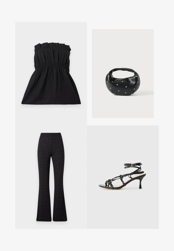Μαύρο strapless φόρεμα με ελαστική καπνοσατέν και gathered υφή, που ρέει σε απαλή γραμμή. Φτιαγμένο από ελαφρύ, μαλακό ύφασμα.; Μαύρα φαρδιά παντελόνια με ομοιόμορφα κατανεμημένες μικρές λευκές κουκίδες και απλό ζωνάκι, σε λευκό φόντο.; Μαύρο λουστρινένιο ψηλοτάκουνο πέδιλο με σχεδίαση με λουριά, ρυθμιζόμενο λουράκι στον αστράγαλο και κόμπο λεπτομέρειες. Λείος υφής, μυτερή τελείωση.; Μαύρη δερμάτινη τσάντα χειρός με στρογγυλεμένο σχήμα, διακοσμημένη με ασημένιες λεπτομέρειες με καρφιά και κοντή λαβή. Λείο υλικό και κλείσιμο με φερμουάρ.
