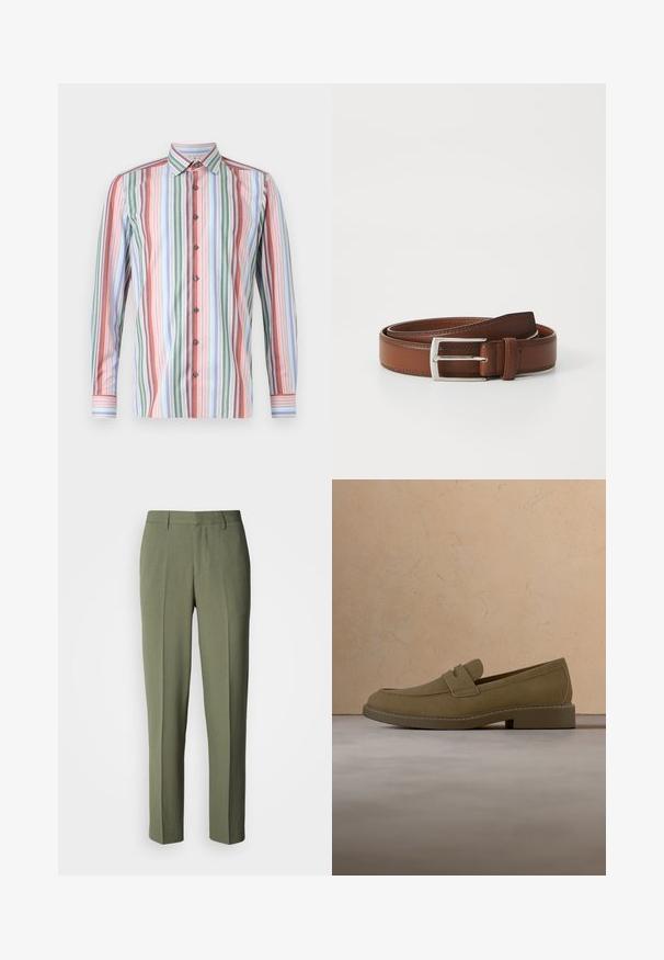 Chemise à boutons avec des rayures verticales de plusieurs couleurs : rouge, vert, bleu et blanc. Manches longues et col standard.; Pantalon vert olive à coupe droite, avec une texture lisse, des plis simples, sans éléments métalliques ou accents visibles.; Mocassin en daim marron flottant au-dessus d'un tapis beige texturé dans un salon avec une table basse en bois et des livres empilés.; Ceinture en cuir brun au fini lisse, avec une boucle en métal argenté et une couture subtile le long des bords. Design classique et durable.