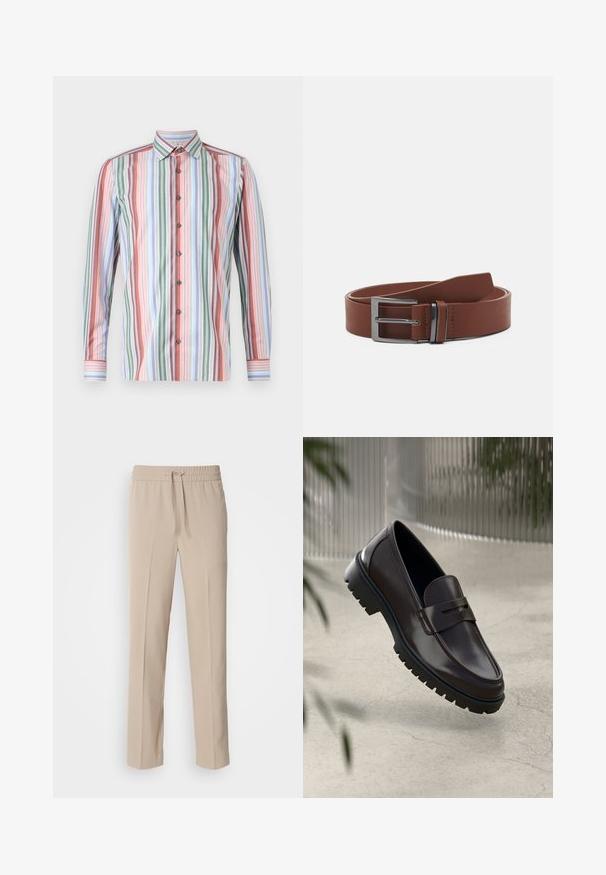Chemise à boutons avec des rayures verticales de plusieurs couleurs : rouge, vert, bleu et blanc. Manches longues et col standard.; Pantalons beiges, coupe décontractée, fabriqués en tissu doux, dotés d'une taille élastique avec cordon de serrage et de jambes droites avec des accents minimalistes.; Mocassins en cuir marron avec une semelle en caoutchouc texturée et striée. Présente un design épuré et une sangle décorative sur le cou-de-pied.; Ceinture en cuir marron avec une texture lisse, dotée d'une boucle en métal argenté et d'un design minimaliste. La ceinture a une extrémité arrondie et des coutures précises.