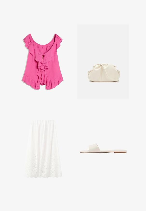 Blouse rose à épaules dénudées avec bords froncés et deux liens à l'avant, coupe ample et fluide et tissu texturé.; Jupe midi blanche avec ceinture élastique et broderie florale ajourée le long de l'ourlet festonné.; Sandale plate blanche à enfiler avec une large bride unique et une fine semelle marron, montrée de profil sur fond blanc.; Pochette en cuir souple couleur crème avec un design froncé et une fine bandoulière reposant à l’avant sur un fond uni.