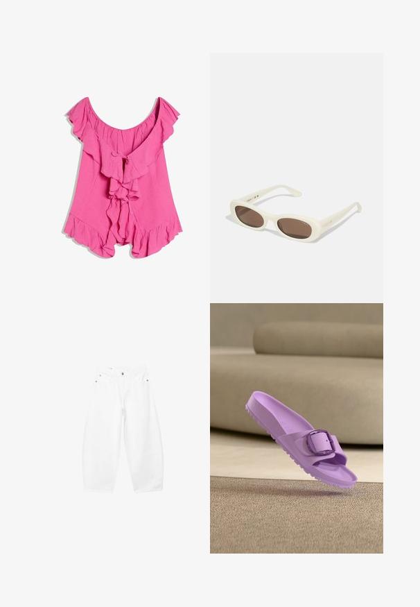 Blouse rose à épaules dénudées avec bords froncés et deux liens à l'avant, coupe ample et fluide et tissu texturé.; Jean blanc à jambes larges avec boutons et fermeture éclair à l'avant, passants pour ceinture, poches latérales et avant, présenté sur un fond uni.; Sandale à glissière violette avec une grande boucle posée sur un tapis beige devant un canapé beige.; Lunettes de soleil crème avec des verres en forme ovale, teintés de brun, dotées d'une finition brillante et d'un discret logo "Vogue" sur le côté.