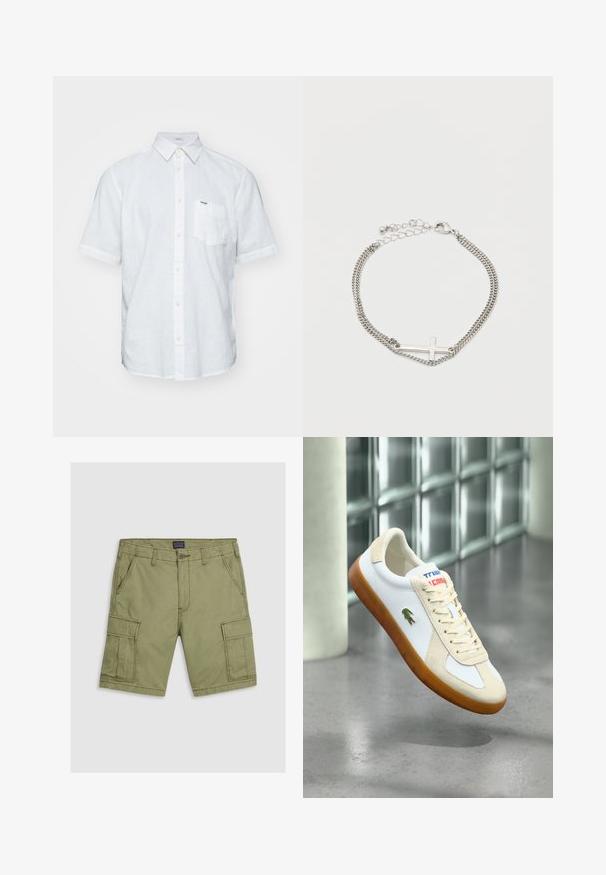 Chemise blanche à manches courtes en lin, dotée d'un col button-down, d'une poche frontale et de détails de couture subtils.; Shorts cargo verts olive en coton, dotés de deux poches avant, de deux poches cargo latérales et d'une fermeture à bouton avec des coutures renforcées.; Baskets en cuir blanc avec accents en daim beige, lacets crème et semelle en caoutchouc marron. Présentent un logo vert sur le côté et un marquage coloré.; Bracelet chaîne en argent avec un pendentif croix horizontale et un fermoir réglable sur fond blanc.