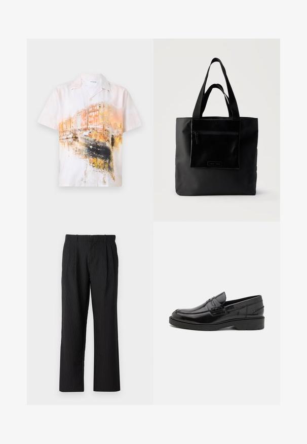Camisa de botón de manga corta con un estampado abstracto en acuarela en suaves tonos blancos, naranjas y negros; hecha de una tela ligera.; Jack & Jones Classic Wide Leg Fit - Pantalones - black; Mocasines de cuero negro con un acabado suave, punta redondeada, tacón bajo y costura decorativa en la parte delantera. Suela de goma para mayor agarre.; Bolso tote negro con bolsillo frontal con cremallera y asas dobles, sobre un fondo claro y liso.