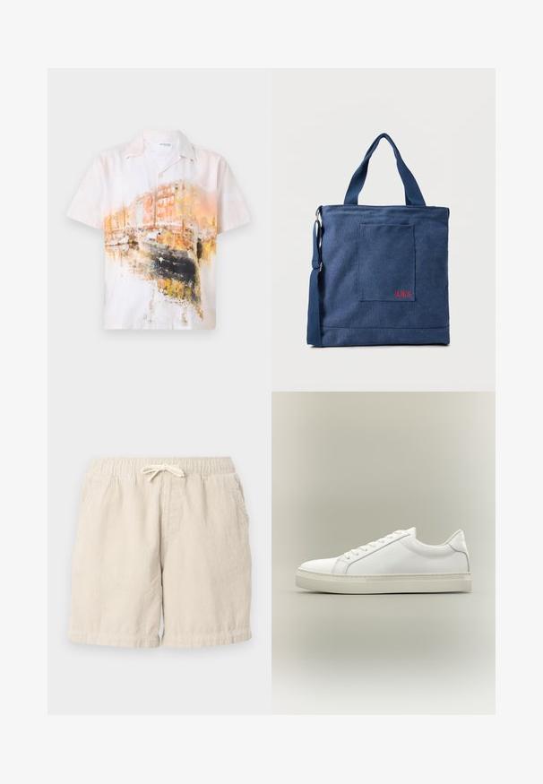 Korte mouw knoopshirt met een abstract aquarelprint in zachte wittinten, oranje en zwart; gemaakt van lichtgewicht stof.; Beige corduroy shorts met een elastische tailleband en trekkoord, voorzien van zijzakken en een gestructureerd, geribbeld patroon.; Witte lage sneaker met veters aan de voorkant en dikke zool, zijaanzicht tegen een neutrale achtergrond.; Blauwe canvas tas met voorvak en rode "O.N.S" borduring, voorzien van dubbele handvatten en een verstelbare schouderriem.