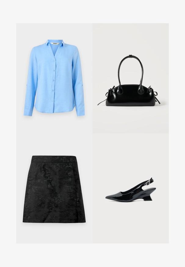 Chemise bleu clair à manches longues avec col, coupe slim, manches retroussées maintenues par des pattes à boutons.; Jupe noire avec un motif floral, texture lisse et coupe ajustée. Présente une taille élastiquée et une coupe droite avec une légère évasement.; Chaussure slingback en cuir verni noir avec bout pointu et petit talon bloc incliné sur fond clair uni.; Petit sac à main noir brillant avec deux longues anses et des détails à cordon sur les côtés sur un fond clair uni.