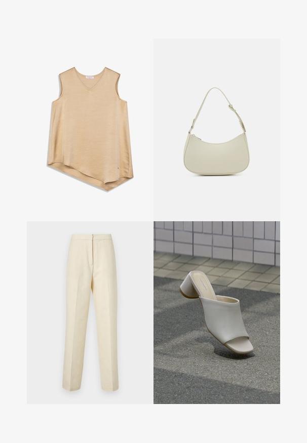 Haut beige sans manches avec un col en V ; texture douce et lisse ; ourlet asymétrique ; marque minimaliste sur le côté inférieur.; Pantalons ajustés en crème claire avec un motif floral texturé, présentant une jambe droite et une taille épurée avec une fermeture arrière.; Mule blanche à bout ouvert avec talon bloc sur sol pavé près d'un mur carrelé, inclinée pour montrer les vues latérale et supérieure.; Pieces PCALUANA SHOULDER BAG - Sac à main - birch