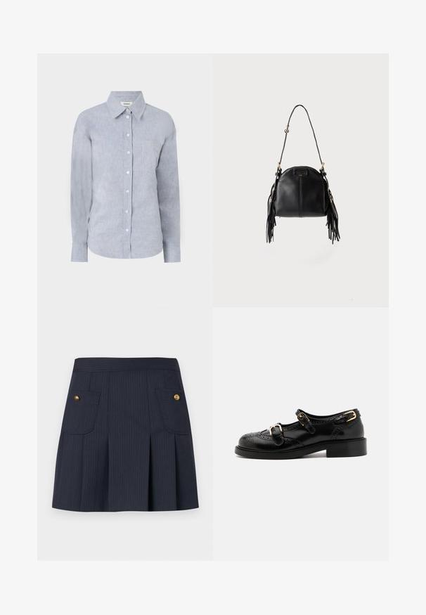 Chemise bouton-uppée bleu clair en tissu texturé, dotée d'un col classique, de manches longues et d'une poche poitrine unique.; Jupe à rayures bleu marine foncé avec des plis à l'avant et deux poches à rabat ornées de boutons dorés de chaque côté.; Chaussures en cuir noir avec détails de brogue, dotées de deux sangles à boucle, d'un bout arrondi et d'un talon bas. Texture lisse avec finition brillante.; Sac à main en cuir noir avec une forme courbée, une longue bandoulière réglable et des franges de chaque côté sur un fond clair.