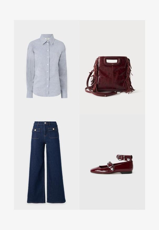 Chemise bouton-uppée bleu clair en tissu texturé, dotée d'un col classique, de manches longues et d'une poche poitrine unique.; Jeans en denim bleu foncé à jambes larges, taille haute et deux poches avant à rabat avec boutons.; Ballerines en cuir verni bordeaux avec un bout pointu, une bride de cheville avec une boucle en argent et un petit talon. Texture lisse sur l'ensemble.; Sac à main carré en cuir bordeaux avec poignée découpée, détails de franges latérales et bandoulière réglable sur fond uni.