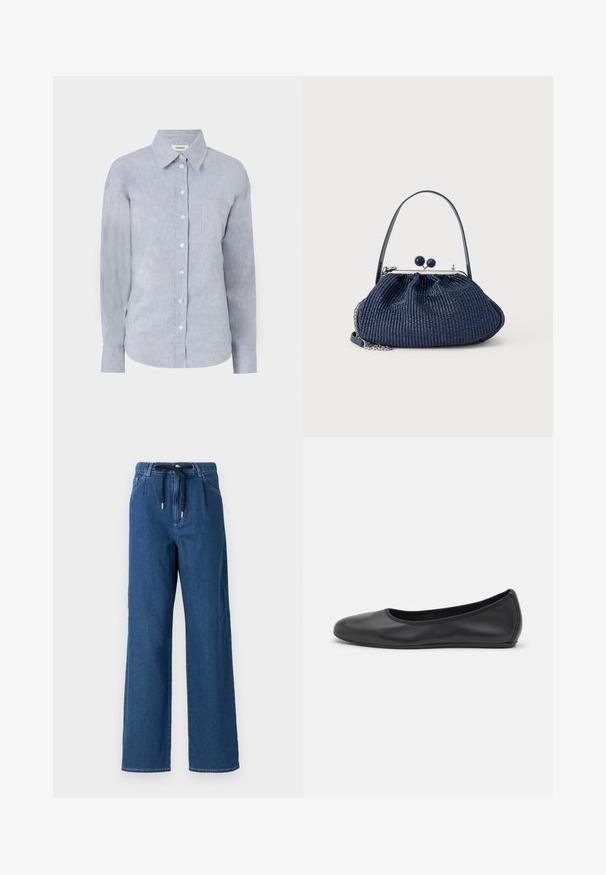 Lys blå skjorte med knapper i et tekstureret stof, med klassisk krave, lange ærmer og en enkelt brystlomme.; Bredde ben mørkeblå denimbukser med snoreliv og forlommer. Stofmet har en glat tekstur med subtile syninger.; Sort læderballetsko med rund tå, glat tekstur, minimal syning og et fleksibelt såldesign.; Håndtaske i marineblåt vævet stof med rund lukning, kort håndtag og detaljer i sølvkæde mod en ensfarvet lys baggrund.
