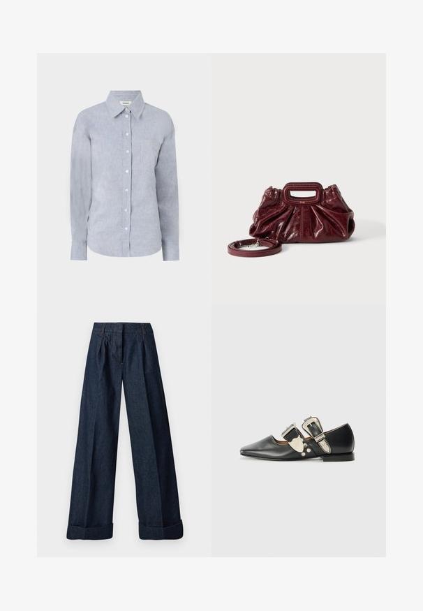 Lichtblauw overhemd met knopen in een textuurstof, met een klassieke kraag, lange mouwen en een enkele borstzak.; Donkere denim jeans met wijde pijpen, voorplooien en omslagen aan de zoom, plat uitgestald op een witte achtergrond.; Zwarte leren platte schoen met een puntige neus, zilveren gespsaccenten en decoratieve nagels. Beschikt over een lage hak en een soepele textuur.; Kleine donkerrode leren handtas met geplooide textuur, rechthoekig handvat met uitsparing en afneembare schouderriem tegen een witte achtergrond.