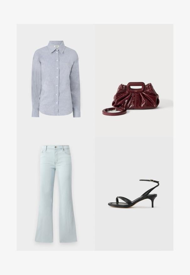 Lys blå skjorte med knapper i et tekstureret stof, med klassisk krave, lange ærmer og en enkelt brystlomme.; Lyseblå flared jeans lavet af denim. Har et klassisk fem-lomme design og en frontknaplukning. Glat tekstur hele vejen igennem.; Sort damesandal i læder med tynde remme, en tå-loop, ankelspænde og en mellemhøj stiletthæl på en neutral baggrund.; Lille mørkerød læderhåndtaske med opsamlet struktur, rektangulært håndudskåret håndtag og aftagelig skulderrem på hvid baggrund.