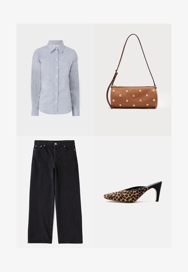 Lys blå skjorte med knapper i et tekstureret stof, med klassisk krave, lange ærmer og en enkelt brystlomme.; Sorte denim wide-leg jeans med fem lommer, knaplukning og sølvhardware. Har en ren, skræddersyet silhuet og subtil tekstur.; Mule sko med spids tå med leopardprint øverdel og sort midhøj stilet hæl på ensfarvet hvid baggrund.; Brun læder cylindrisk håndtaske med guldbelægte nitter, justerbar rem og gyldent Michael Kors-logo foran.