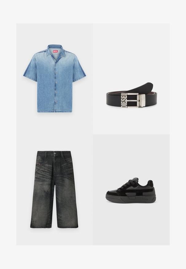 Chemise en jean à manches courtes bleu clair avec bords effilochés, boutons sur le devant et col pointu. Présente une étiquette de marque rouge au niveau du cou.; Shorts noirs en denim à jambes larges avec bouton sur le devant, fermeture éclair, passants pour ceinture et détails de texture délavée.; Baskets noires en mélange de matériaux lisses et texturés, dotées d'un bout rond, d'une semelle épaisse et d'une fermeture à lacets. Design minimaliste avec des accents.; Ceinture en cuir noir avec une boucle en métal argenté portant le texte en relief "DIESEL". Le design est épuré avec une texture lisse.