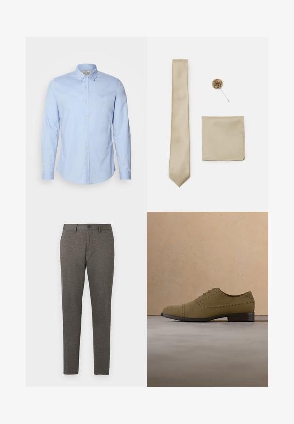 Chemise à manches longues bleu clair en coton, dotée d'un col boutonné, de boutons sur le devant et d'un logo brodé subtilement sur la poitrine.; Pantalons gris fuselés en tissu texturé, avec poches avant et une fermeture à un bouton à la taille. Lavable en machine.; Chaussure Oxford en daim brun clair avec détails brogués, flottant au-dessus d'un tapis beige texturé devant un canapé beige.; Cravate en soie beige avec un motif de rayures diagonales, un mouchoir assorti et une épingle à fleurs en tissu, le tout présentant des textures douces.