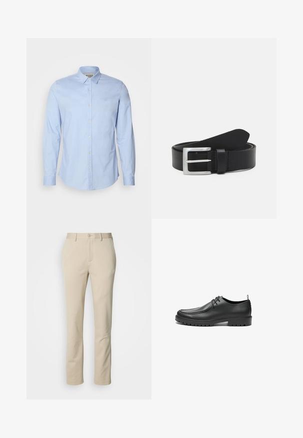 Chemise à manches longues bleu clair en coton, dotée d'un col boutonné, de boutons sur le devant et d'un logo brodé subtilement sur la poitrine.; Pantalons en coton beige avec une coupe droite, fermeture à bouton et devant plat. Le matériau a une texture lisse et un minimum de détails.; Chaussures en cuir noir avec une finition lisse, bout arrondi et coutures décoratives. Elles possèdent une semelle en caoutchouc avec des rainures de traction et un laçage.; Ceinture en cuir noir avec une texture lisse, boucle rectangulaire en argent et une boucle pour l'extrémité. Présente des coutures soignées le long des bords.