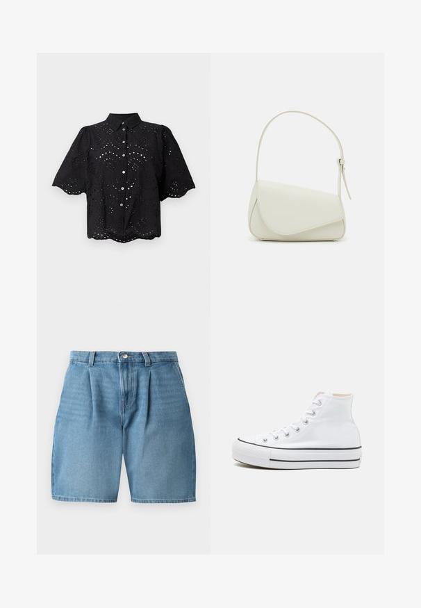 Chemise noire à manches courtes avec broderie en œillets, ourlet festonné et fermeture à boutons. Tissu léger avec motifs floraux découpés.; Shorts en denim bleu clair avec des plis avant, une fermeture à bouton et une couture classique. Le tissu a une texture lisse et une coupe droite.; Baskets montantes blanches en toile, semelle en caoutchouc noir et bande noire contrastante sur la semelle intermédiaire. Bout rond et design à lacets.; Sac à main en cuir synthétique blanc avec une forme triangulaire structurée, une bandoulière unique réglable et un rabat à courbes accentuées.
